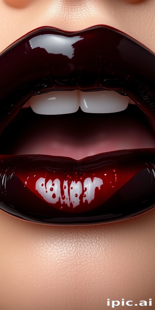Striking black cherry lips boast a glossy vinyl finish, exuding mystery and allure with their deep, rich color and reflective surface