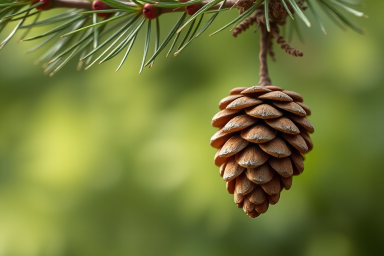 regenerate a close-up of a pinecone hanging from a tree branch, with a softly blurred green background, use a 50mm lens, aperture f/1.8, ISO 200, natural light, DSLR camera for enhanced image quality