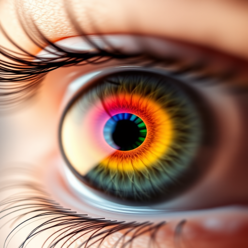 Create a high-resolution image of a stylized eye with a colorful RGB color wheel inside the iris, using a DSLR camera with a 50mm lens, aperture set to f/1.8, ISO 100, and a shallow depth of field for enhanced clarity and detail.