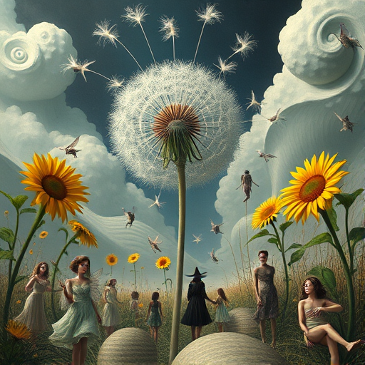A surreal allegory featuring ethereal fairies, towering sunflowers, and an enigmatic witch, all set within a dreamlike landscape. The scene is dominated by a colossal dandelion, its delicate seeds floating through the air, reminiscent of Yves Tanguy's abstract forms. The environment is a blend of otherworldly elements and natural beauty, with twisted, elongated shapes and surreal colors that evoke a sense of mystery and enchantment.