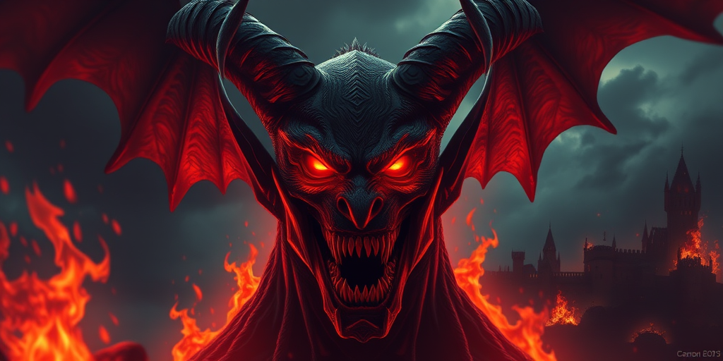 Create a vivid illustration of a menacing demon with glowing red eyes and sharp teeth, surrounded by flames and a dark, ominous landscape featuring distant castles and silhouette towers, using a Canon EOS R5 camera with a 24-70mm lens, aperture set to f/8 for depth of field, ISO 100 for clarity, and a high dynamic range to highlight the fiery colors.