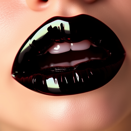 Striking black cherry lips boast a glossy vinyl finish, exuding mystery and allure with their deep, rich color and reflective surface