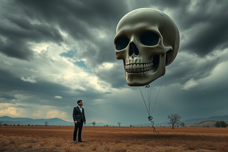Create a surreal landscape featuring a man in a suit standing in a desolate field with a giant floating skull balloon, under a stormy sky with scattered trees and distant hills, shot with a Canon EOS R5 at f/2.8, ISO 100, 24mm lens, in HDR portrait style to enhance detail and dynamic range.