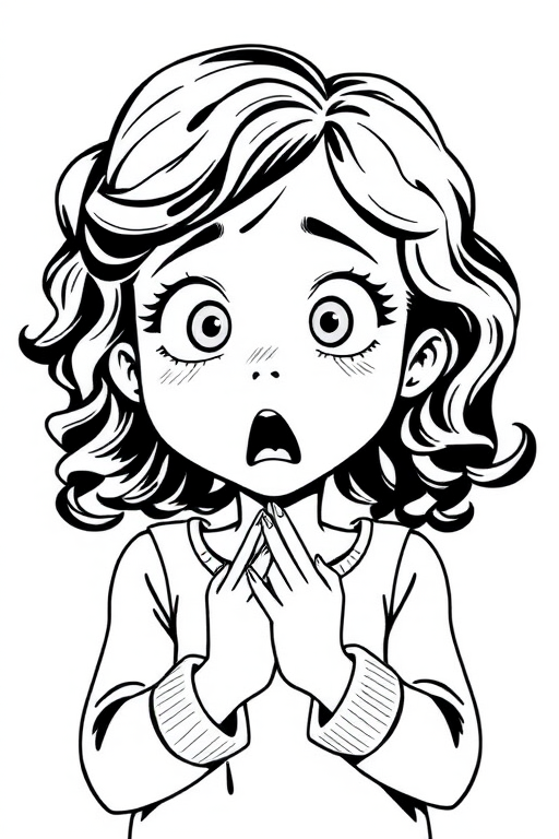 The image is a black and white illustration of a young girl with curly hair. She has a surprised expression on her face with her mouth open and her hands clasped together in front of her chest. Her eyes are wide and her eyebrows are furrowed. Her hair is styled in loose curls that are cascading down her back. The overall mood of the image is one of shock or surprise.