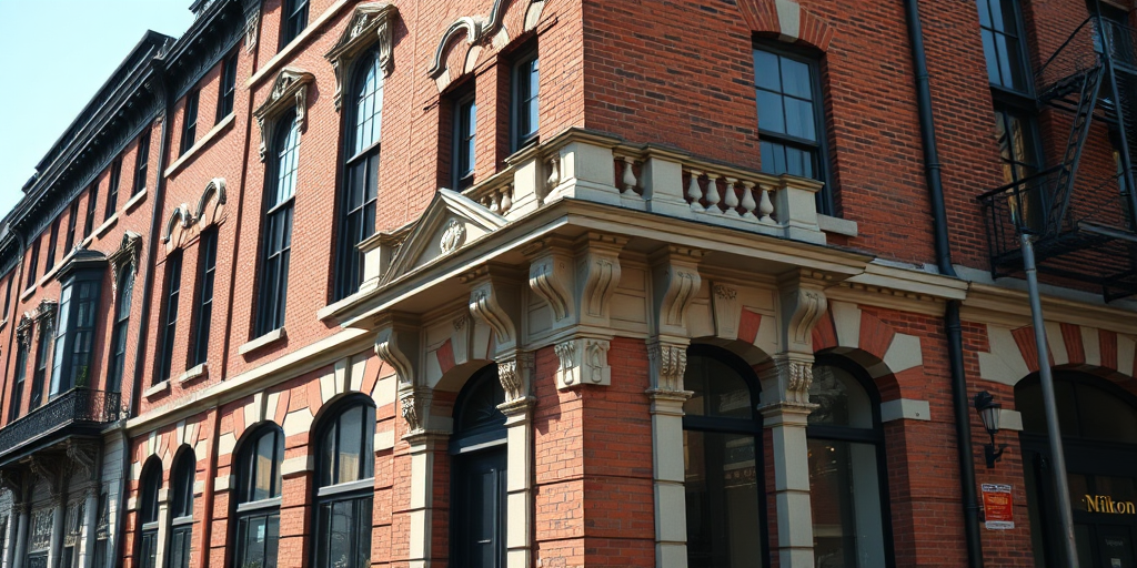 high-resolution photograph of a classic brick building facade with ornate architecture, taken with a Nikon D850, 50mm lens, aperture f/8 for sharpness, ISO 100 for clarity, natural daylight for even lighting, shot from a frontal view to capture details.