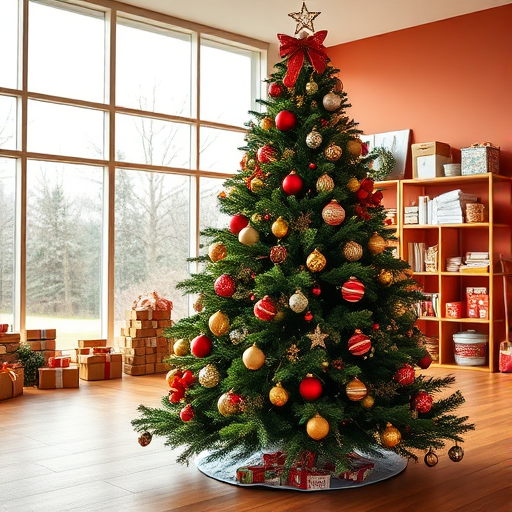 Create an image of a beautifully decorated Christmas tree with colorful ornaments, set in a spacious room with large windows that allow natural light to flood in. The walls should be painted in a warm color, and in the background, there should be shelves stacked with festive decorations and supplies. The floor should be a polished wood, enhancing the cozy holiday atmosphere.