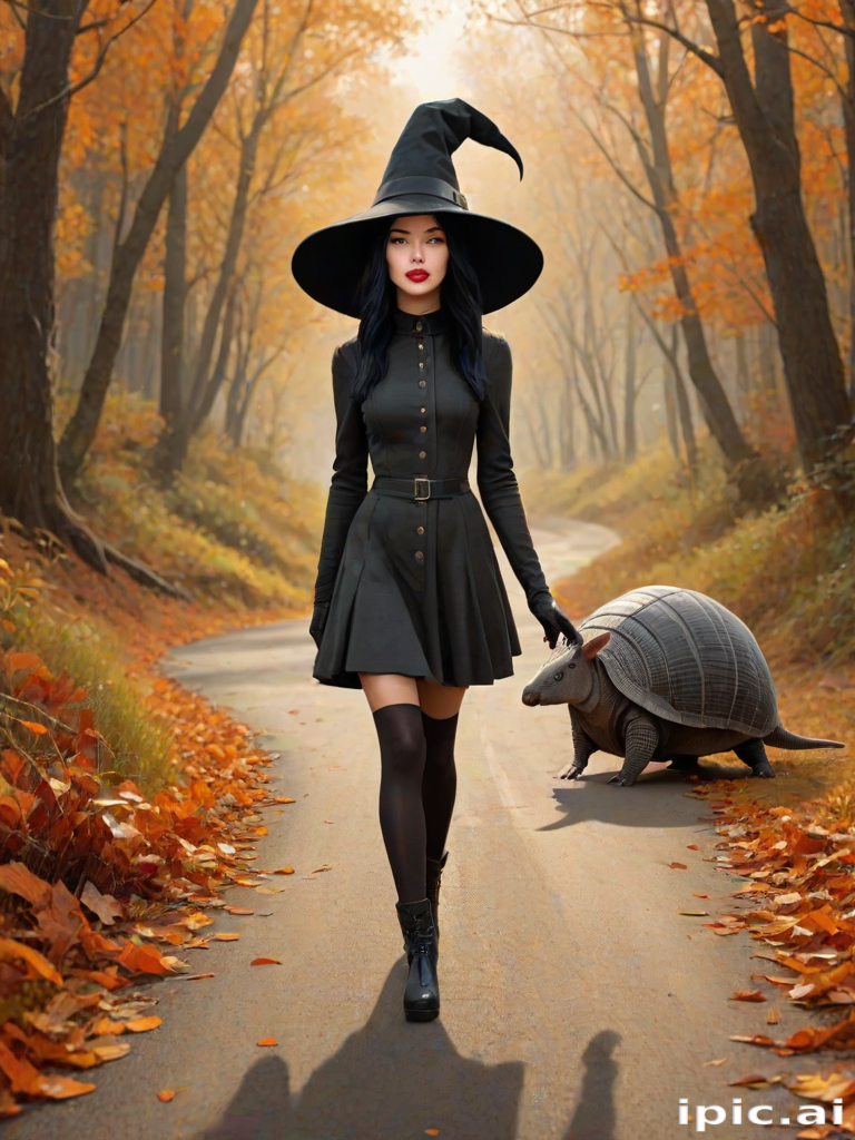 digital art fantasy depicting a strange girl with black hair, long eyelashes, orange lipstick and a tall hat walking along a winding road on an autumn afternoon, an armadillo smiles as he passes