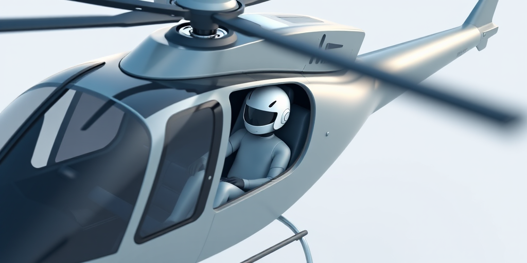 Create a 3D render of a modern helicopter with a simplified human figure wearing a helmet, aerial view, high resolution, f/8 aperture, 1/1000 shutter speed, ISO 100, studio lighting, rendered with Autodesk Maya.
