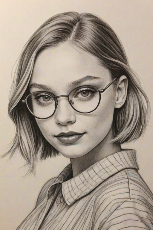Beauteous Maddie Ziegler, pencil sketch, portrait of Stunning woman 1930s in glasses, hair style beatnik, outline, clear lines, fine lines, 8k