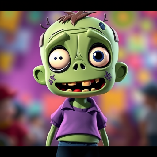 Regenerate a cartoon-style image of a friendly zombie character with big eyes and a stitched face wearing a purple shirt and blue shorts, using a Canon EOS R5 with a 24-70mm lens, aperture f/2.8, ISO 100, and a bright, colorful background for enhanced vibrancy.