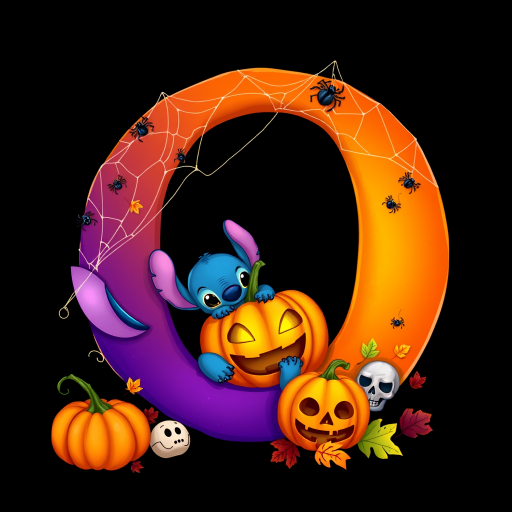 A whimsical and vibrant Halloween-themed digital illustration featuring the letter "Q" adorned with spider webs, small bats, and cute spiders. At the base of the letter, a playful alien character similar to Stitch is peeking out from inside a carved pumpkin with glowing eyes, surrounded by additional pumpkins, a small skull, and autumn leaves. The letter is gradient-colored from orange to purple, adding a magical atmosphere to the scene, black background