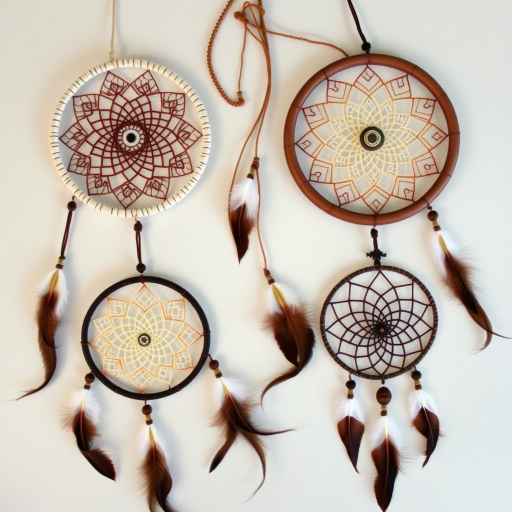 Create an enhanced image of four intricately designed dreamcatchers with intricate details and feather accents, captured with a DSLR camera at f/1.8 aperture, 50mm lens, ISO 100, taken from a top-down view in natural soft lighting.