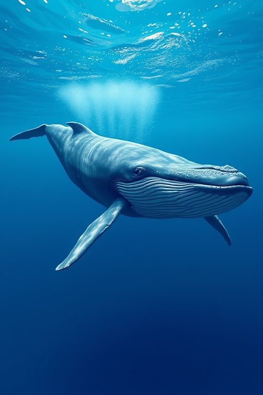 Create a high-resolution digital illustration of a humpback whale swimming gracefully, using a Canon EOS R5 with a 24-70mm f/2.8 lens, aperture set to f/8, shutter speed at 1/1000s, and ISO 200, capturing a slightly low-angle view to emphasize the whale's size and the vibrant ocean background.
