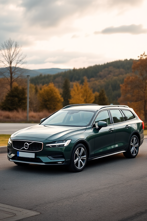 Create a high-resolution image of a dark green Volvo station wagon parked in a scenic outdoor setting, shot with a DSLR camera at f/8 aperture, 1/250 sec shutter speed, ISO 100, at a 45-degree angle from the front-left side to highlight the car's features.