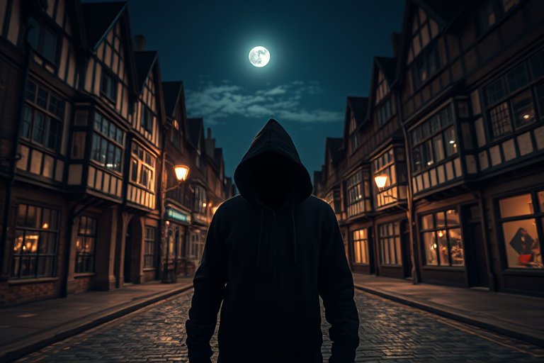 A mysterious hooded figure standing on a cobblestone street at night, surrounded by old Tudor-style buildings illuminated by street lamps, with a full moon in the sky, taken with a DSLR camera, 50mm lens, f/1.8 aperture, ISO 200, long exposure of 15 seconds for enhanced light capture.