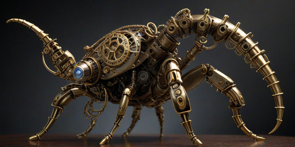 Create a high-intensity, high-resolution image of a steampunk scorpion, featuring intricate clockwork mechanisms and brass gears. The scorpion should have metallic limbs with elaborate jointed segments, showcasing a blend of Victorian-era aesthetics and futuristic technology. The body should be adorned with cogwheels, pistons, and small steam vents emitting a subtle mist, the front pinchers should up up and open. Capture the scene with dramatic lighting to emphasize the mechanical details, giving it a sense of motion and life