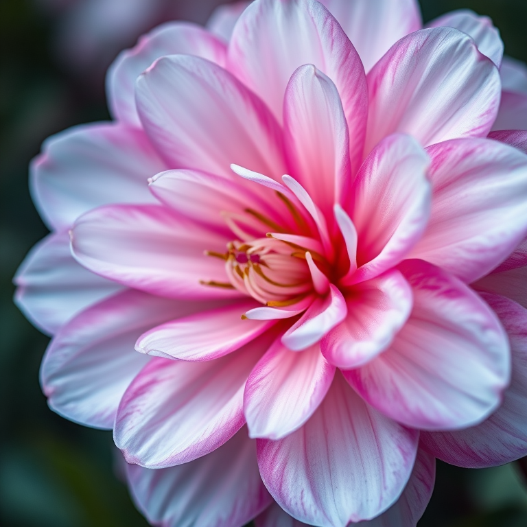 Create a highly detailed, high-resolution image of a pink and white flower with translucent petals, using a macro lens at f/2.8, ISO 100, shutter speed 1/200 sec, soft diffused lighting, and a shallow depth of field to enhance the intricate textures and colors.