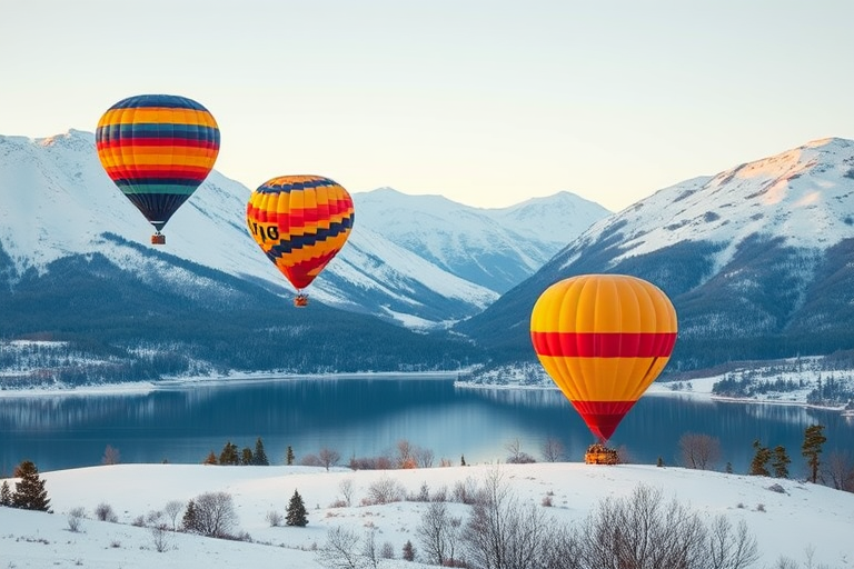 A serene winter landscape featuring two colorful hot air balloons floating over a lake surrounded by snow-covered mountains, shot with a DSLR camera at 50mm focal length, f/8 aperture, ISO 100, and a wide-angle view to enhance depth and clarity.