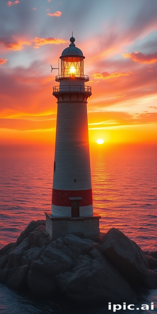 Generate an image of a tall lighthouse perched on a rocky outcrop surrounded by calm ocean waters during a breathtaking sunset. The lighthouse stands sturdy and weathered, its stone surface illuminated by the warm golden light of the setting sun. The sun's rays pass directly through the glass lantern room at the top of the lighthouse, casting a brilliant light across the scene. The sky is painted with vibrant shades of orange, pink, and purple, reflecting off the tranquil sea. The surrounding water shimmers with the same warm hues, creating a serene and majestic atmosphere.