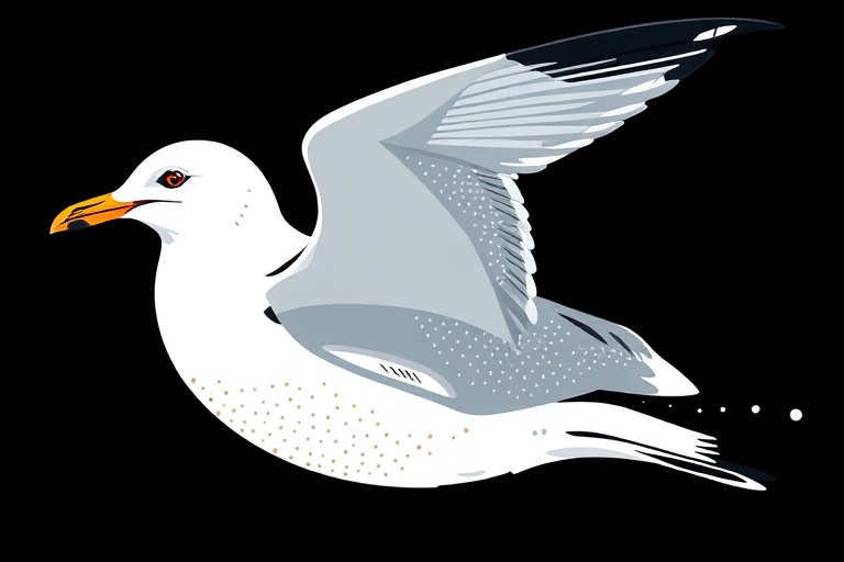 Create an illustration of a seagull with a textured dotted pattern on its wings and body, against a solid black background, captured in sharp focus using a high-resolution DSLR camera with a 50mm lens at f/2.8, ISO 100, and a 1/200s shutter speed, framing the bird in a side view to emphasize its details.