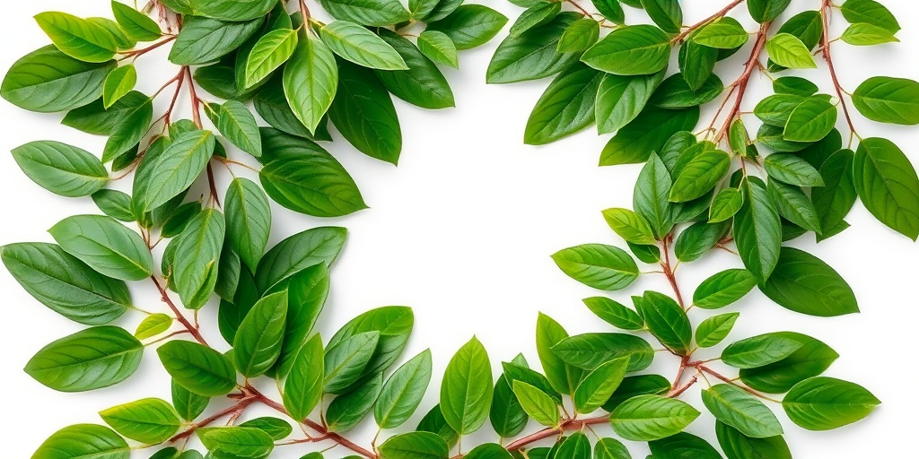capture a botanical frame design with various green leaves surrounding a blank square in the center, soft focus, white background, 50mm lens, f/2.8 aperture, natural lighting, DSLR camera