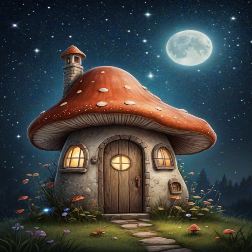 generate illustration of a mushroom house with a door and a window, a storybook , fantasy art, mushroom house, bg starry sky, sparkles