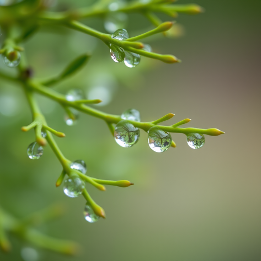 Close-up shot of green branches with water droplets, shallow depth of field, f/2.8, ISO 100, 1/200 sec, natural light, macro lens, DSLR camera.