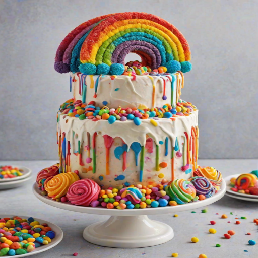 Create a vibrant, colorful cake with a smooth white frosting and dripping rainbow icing. Top it with various candy decorations, including spiral lollipops and colorful candy sticks. Surround the base with a sprinkle of rainbow confetti for an extra festive touch.