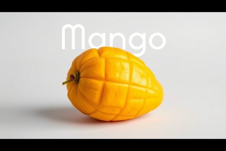 Create a high-resolution image of a mango with bright yellow and orange tones, featuring a clean, minimalistic background and the word "Mango" in modern typography, using a DSLR camera at f/2.8, ISO 100, 1/200s, in a close-up view with soft lighting.