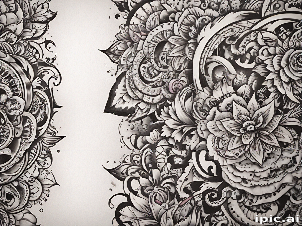 Intricate Black and White Floral Design with Detailed Patterns and Textures