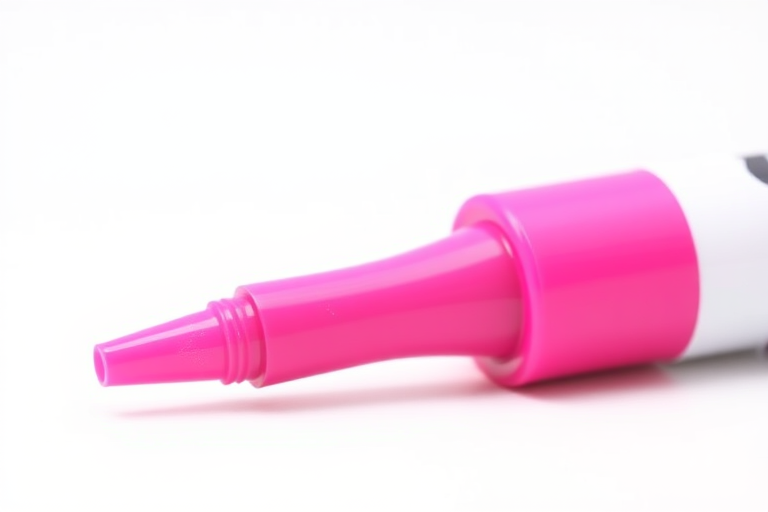 A vibrant pink highlighter marker, angled diagonally with a smooth cap and an open tip, captured in a minimalistic white background, using a DSLR camera, aperture f/2.8, ISO 100, shutter speed 1/200s, macro view for enhanced detail and clarity.