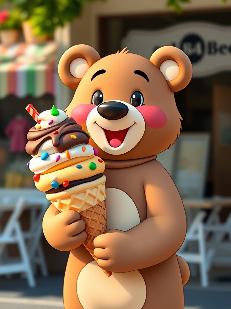 Create a colorful cartoon bear holding a large ice cream cone with various toppings in a playful, cheerful style, using a DSLR camera with a 35mm lens, f/2.8 aperture, ISO 100, and natural lighting for enhanced image quality.