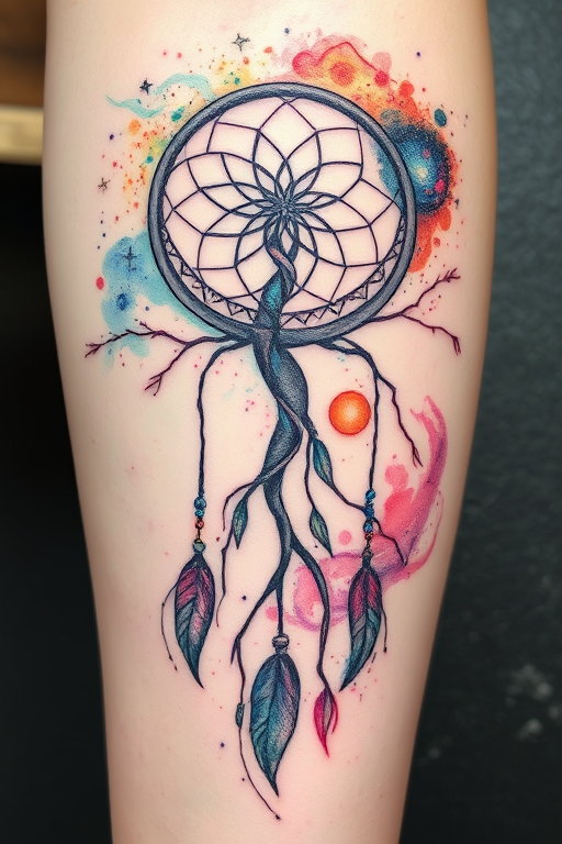 Surrealist watercolor tattoo named "Dreamscape Fusion" portraying a dreamcatcher morphing into a tree of life, with its branches extending into swirling galaxies and nebulae, utilizing soft pastel hues and ethereal brush strokes to create a dreamy, otherworldly atmosphere