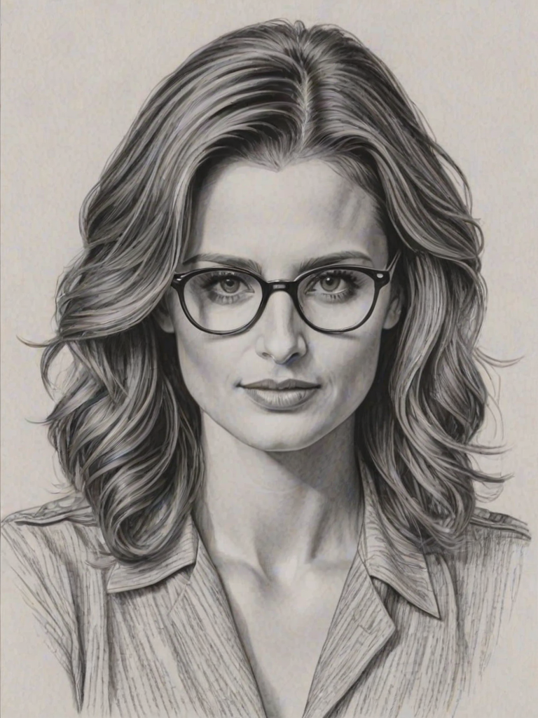 Splendid Stana Katic, pencil sketch, portrait of Beauteous woman 1947s in glasses, hair style beatnik, outline, clear lines, fine lines, 8k