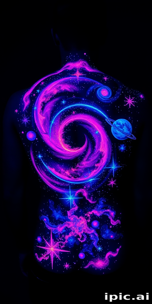 Ethereal UV ink galaxy tattoo spanning the entire back, depicting swirling nebulas, twinkling stars, and distant planets, glowing brilliantly under blacklight for a mesmerizing effect