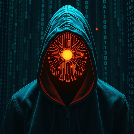 Create a digitally rendered image of a hooded figure with a glowing, circuit-patterned orb for a head, surrounded by cascading binary code, using a 50mm lens, f/1.8 aperture, ISO 100, low-light conditions, and a cinematic perspective to enhance detail and depth.