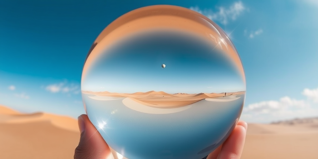 A crystal ball reflecting a desert landscape with rolling sand dunes under a clear blue sky, featuring a celestial scene with a distant planet and clouds, captured with a DSLR camera at f/8, ISO 100, 24mm lens, and a wide-angle view.