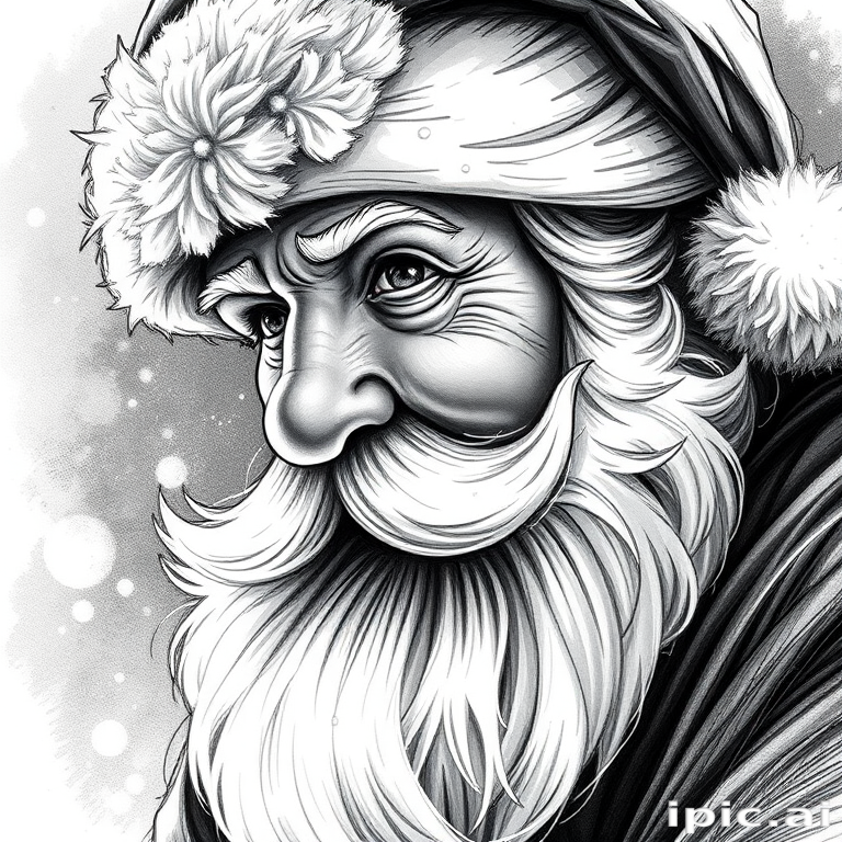 A hyperdetailed photorealistic black and white sketch of A santa with  a macro focus