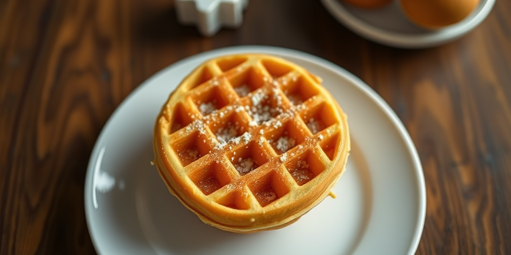 Create a high-resolution image of a perfectly golden-brown waffle resting on a white plate, captured with a Canon EOS R5 at f/2.8, ISO 100, and 1/200s in natural light, top-down view, with a soft focus background to enhance the waffle's texture and color.