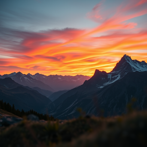 Create a highly detailed image of a majestic mountain landscape at sunrise with vibrant colors in the sky, using a DSLR camera with a 24mm lens, f/8 aperture, ISO 100, 1/125 second shutter speed, shot from a low angle to capture the foreground details and wide view for depth.
