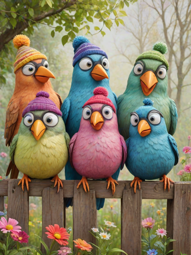 create a scene of 4 quirky  whimsical colourful comical birds each with a funny expression. they are sat on a wooden fence with colourful flowers. they are all different sizes. each one is a different colour  one is wearing a woolly hat. Each one has a different quirky google expression and there is a muted background of trees watercolour paintierly style high definition 8k resolution 3D paper mache