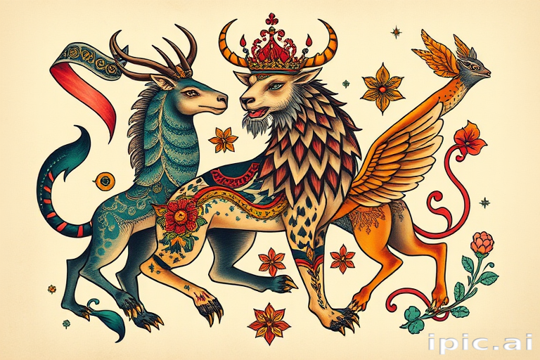 Neo-traditional tattoo titled "Regal Bestiary" featuring stylized animals with bold outlines ornate decorative elements and a rich jewel-toned color palette for a modern twist on classic designs