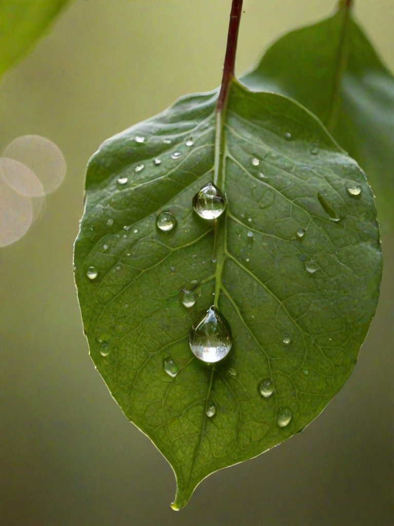 Close-up of a single raindrop hanging from a leaf, the delicate reflection of the surrounding forest captured within, with soft green and brown tones blending in the background under soft morning light.