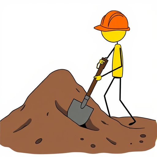Create an illustration of a stick figure, depicted in bright yellow, wearing an orange hard hat, actively digging with a shovel into a pile of dirt, captured with a DSLR camera at f/8 aperture, ISO 100, and a shutter speed of 1/250 sec, from a slightly elevated angle, using vibrant colors and clean lines for clarity.