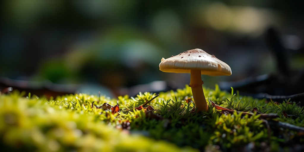 mushroom growing on mossy forest floor illuminated by soft light, macro photography, f/2.8 aperture, 1/100 sec shutter speed, ISO 200, shot with a DSLR camera, 50mm lens, focus on the mushroom with blurred background for depth of field