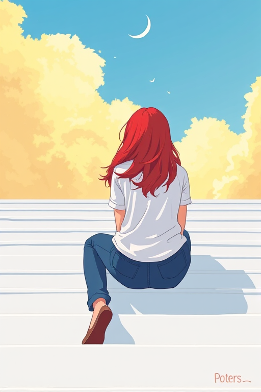 Create an illustration of a person with red hair sitting on white stairs against a backdrop of a yellow and blue sky, using a digital art style with soft colors and clean lines, captured with a wide-angle lens at f/8 to enhance depth of field and detail.