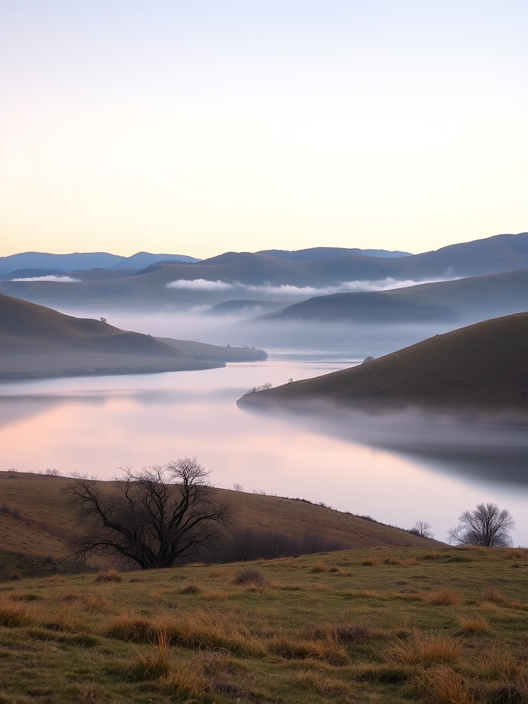 Create a high-resolution image of a serene landscape at dawn featuring rolling hills, a calm lake reflecting the pastel sky, with soft mist hovering over the water, captured with a DSLR camera, 50mm lens, f/1.8 aperture, ISO 100, and a tripod for stability.