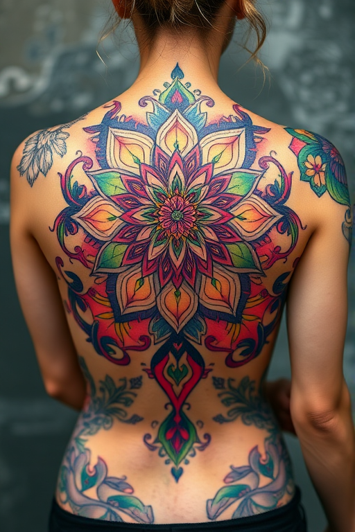 Stunning body tattoo featuring intricate mandala patterns in vibrant watercolor hues, adorning the upper back and shoulders with delicate shading and ethereal wisps