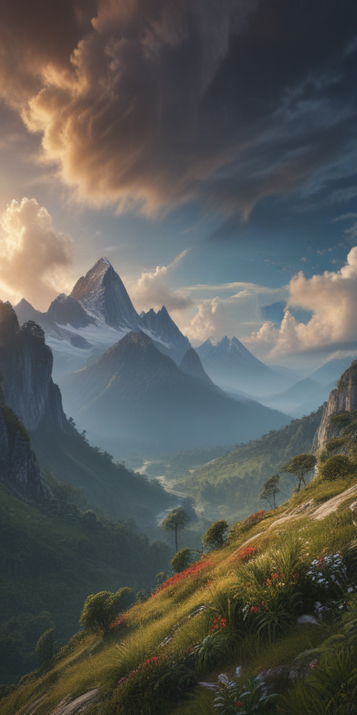 Majestic Mountain Landscape at Sunset with Lush Greenery and Dramatic ...