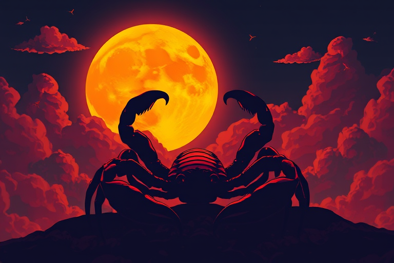 Create a vibrant illustration of a stylized scorpion silhouetted against a large, glowing orange full moon, with dramatic clouds surrounding it; use a Canon EOS R5 camera with a 50mm f/1.2 lens, set at ISO 100, aperture f/8, and a shutter speed of 1/125 sec, focusing on a dramatic low-angle view to enhance depth and detail.